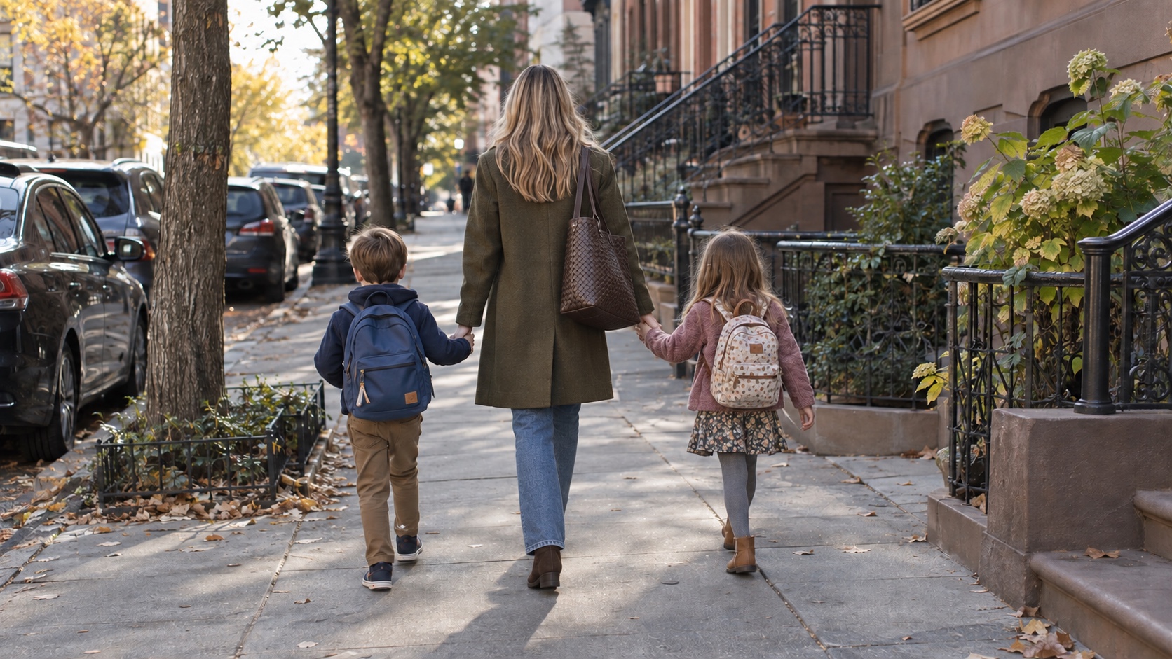 Mother with long dimensional blonde hair, a woven leather work tote, and dark suede boots walking hand-in-hand with two children on a brownstone-lined street