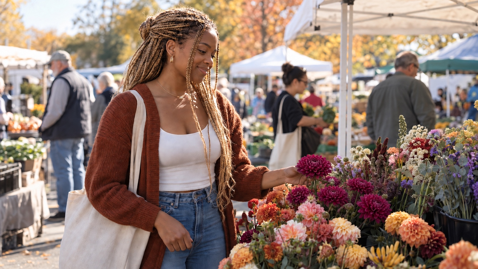 Black woman with honey-blonde braids choosing deep-plum mums at an outdoor farmers market