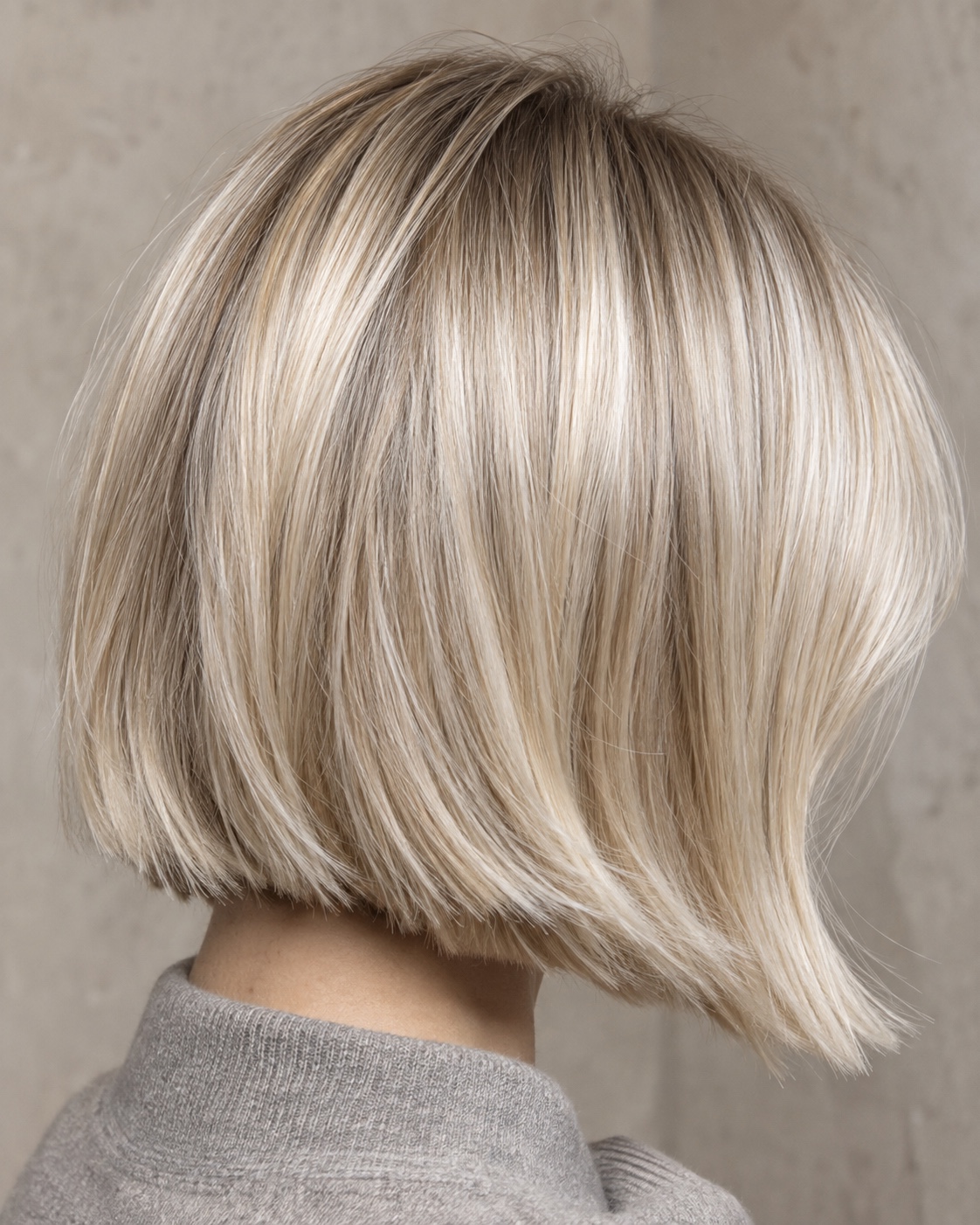 Close-up of a sleek champagne-glass-blonde precision bob with pearly highlights and a soft shadow root